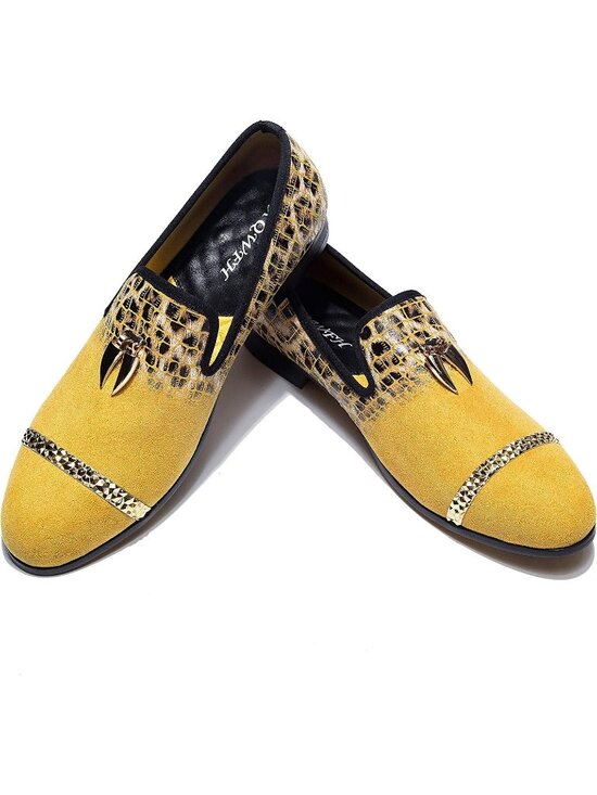 XQWFH Men\'s Gold Velvet Leather Loafer Embroidery Spiked Slip On Fashion Shoes main image 4